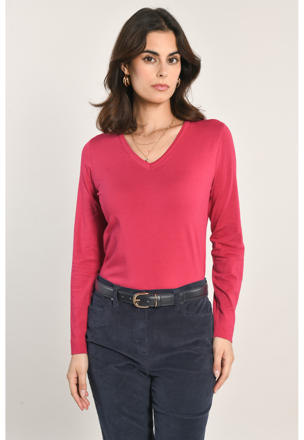 NATOL - TEE SHIRT COL V ML - CERISE - Un Jour Ailleurs