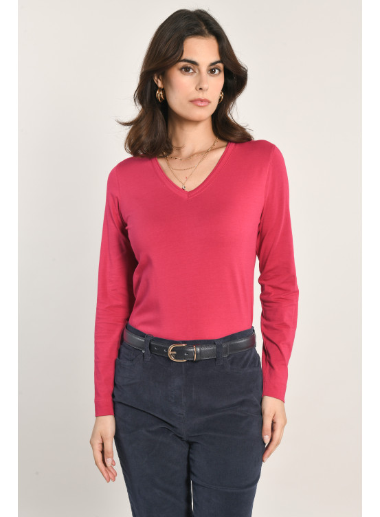 NATOL - TEE SHIRT COL V ML - CERISE - Un Jour Ailleurs